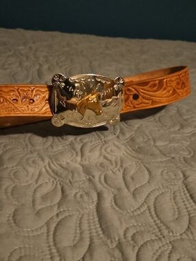 Tooled Leather Kids Belt with Horse Buckle - Tan